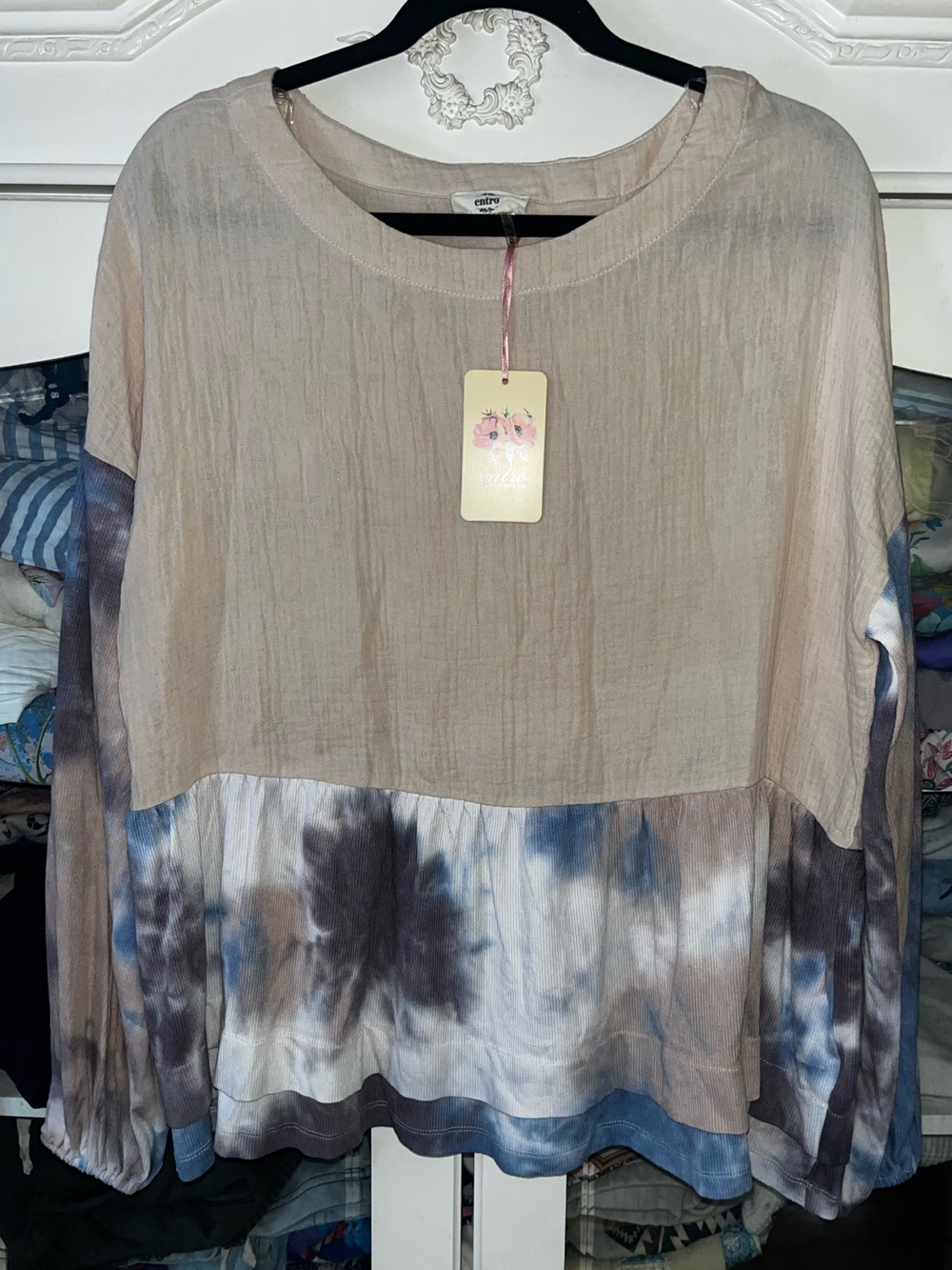 Entro mixed media Tie-Dye Gauze Blouse | Boho Luxe Neutral Top | Medium